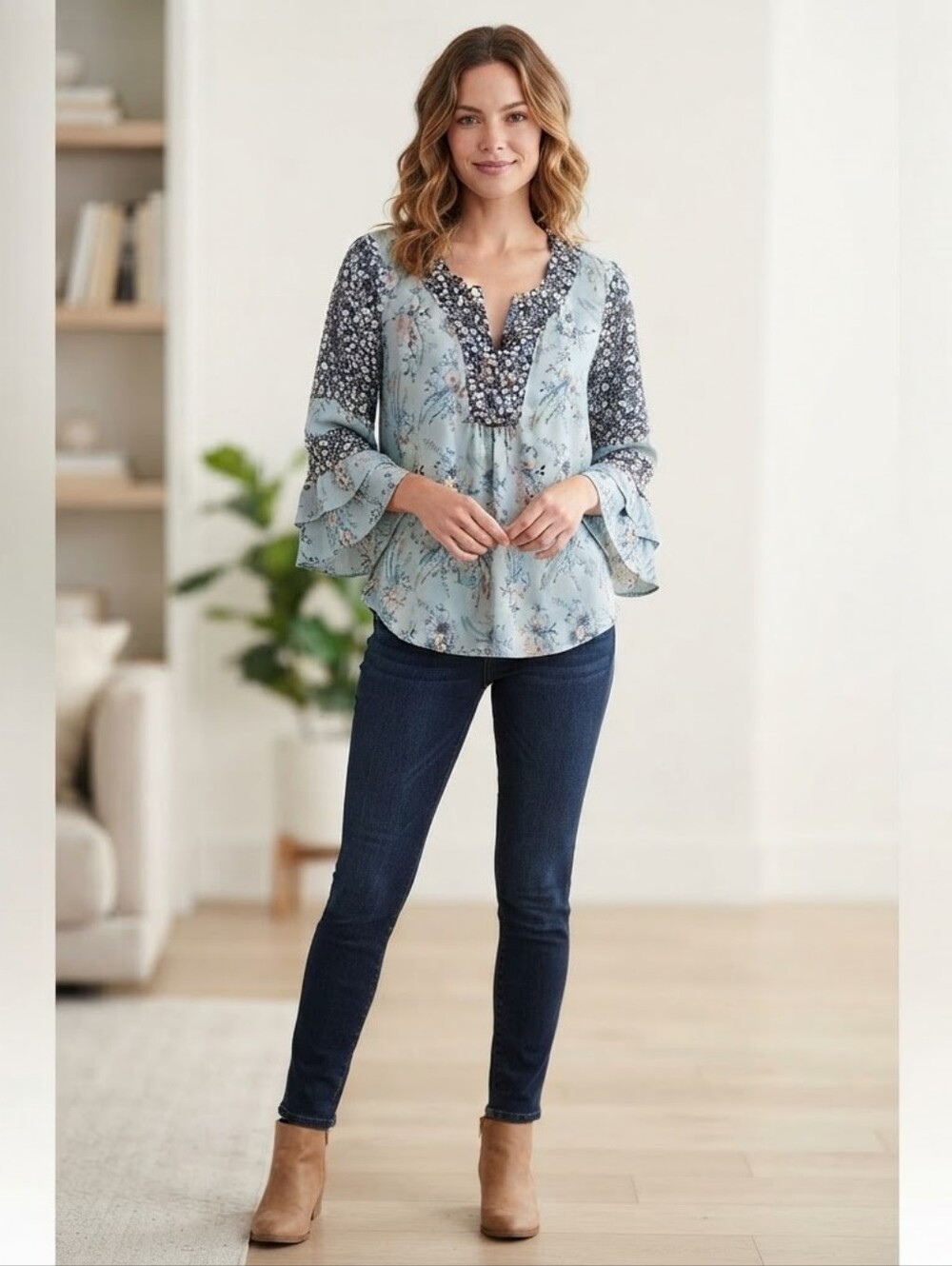 ​SEO Title: DR2 Daniel Rainn Blue Floral Bell Sleeve Split Neck Blouse Sz M Boho